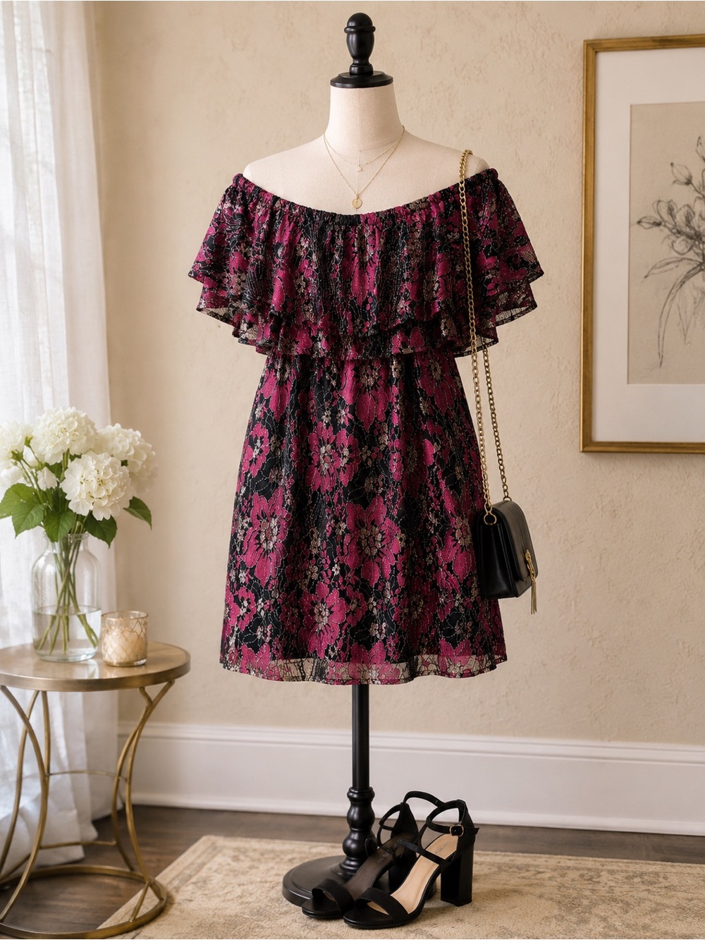 WAYF magenta Black metallic Dress Floral off the shoulder ruffle size L